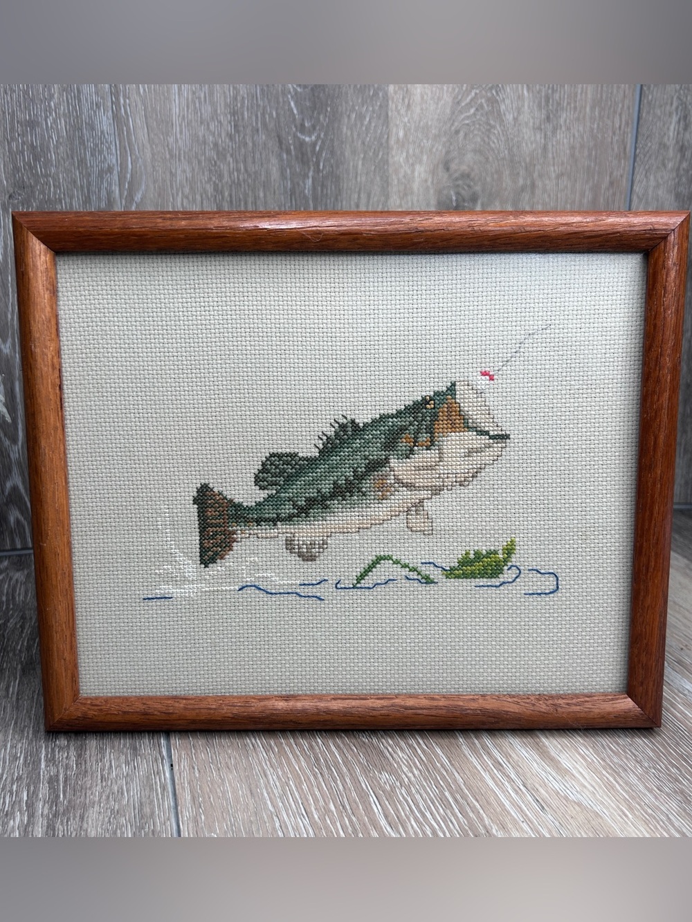 Handmade Largemouth Bass Cross Stitch • Rustic Cabin Wall Art • Framed Fishing